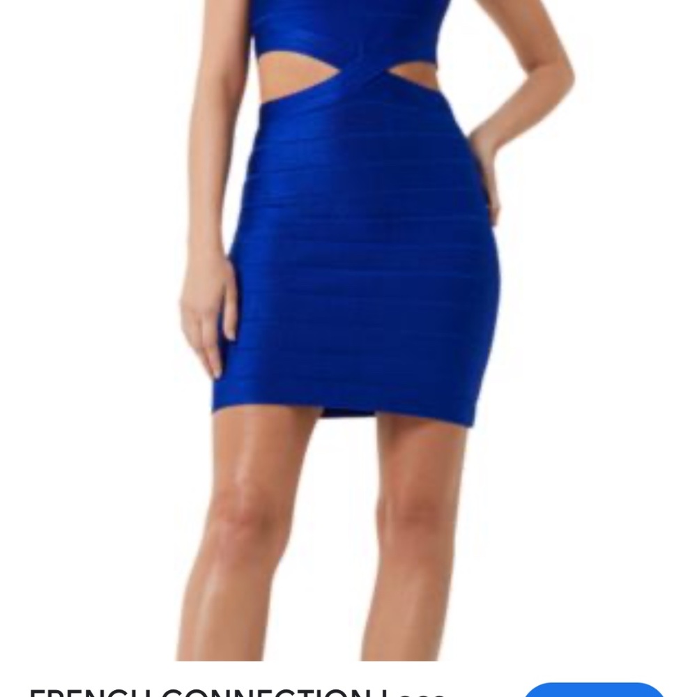 This is a French Connection Lacs Knit Bandage Bodycon Mini Dress in blue. - Picture 4 of 6